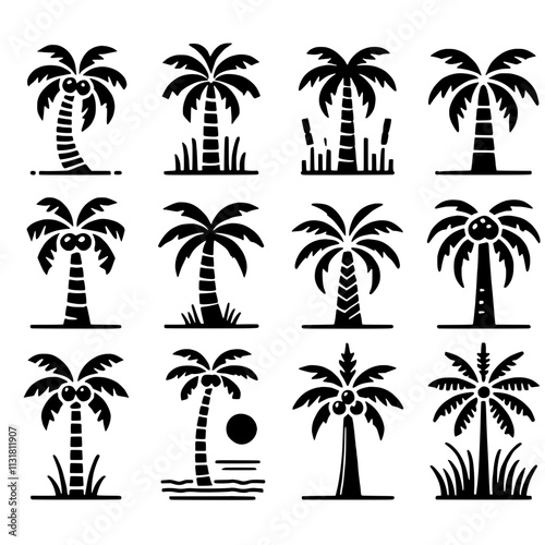 Palm Tree Icons: A set of 12 unique, minimalist palm tree icons, perfect for tropical designs, vacation branding, and summery projects. Each icon features a distinct style, with variations in trunk.