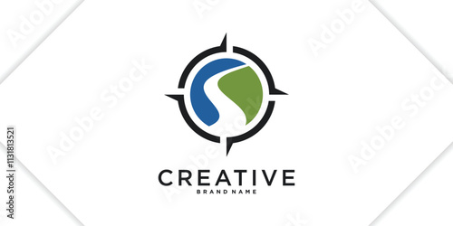 Winding road logo design with compass, navigation icon