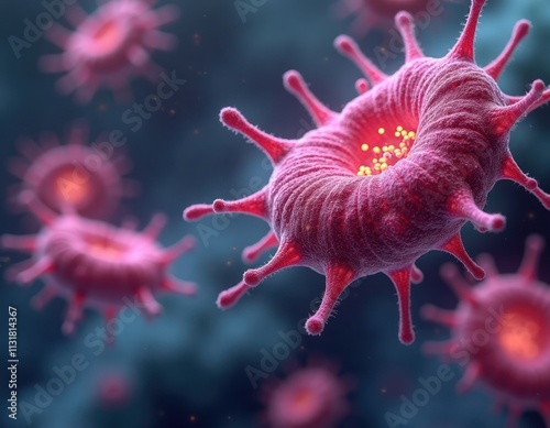 3D illustration shows Treponema pallidum bacteria. Pink colored bacteria form with fine details, various protuberances. Image focuses on complex structure, shape of bacteria. Suitable for medical photo