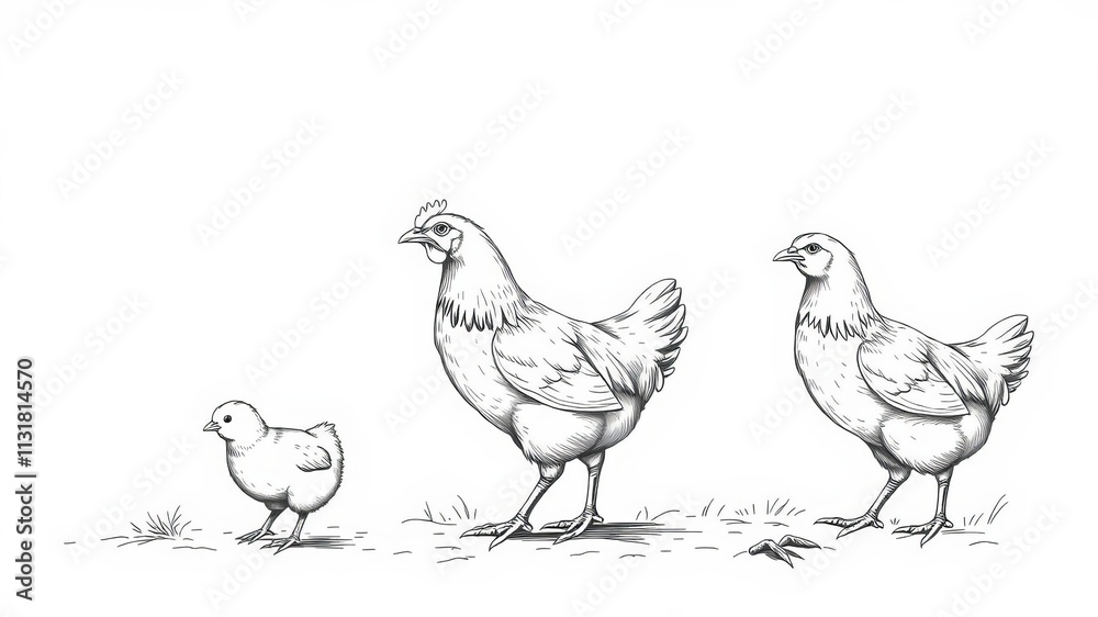 Fototapeta premium Vector hand-drawn set of engraved chickens and chicks, ideal for illustrating chicken breeding and roster concepts, chick, set