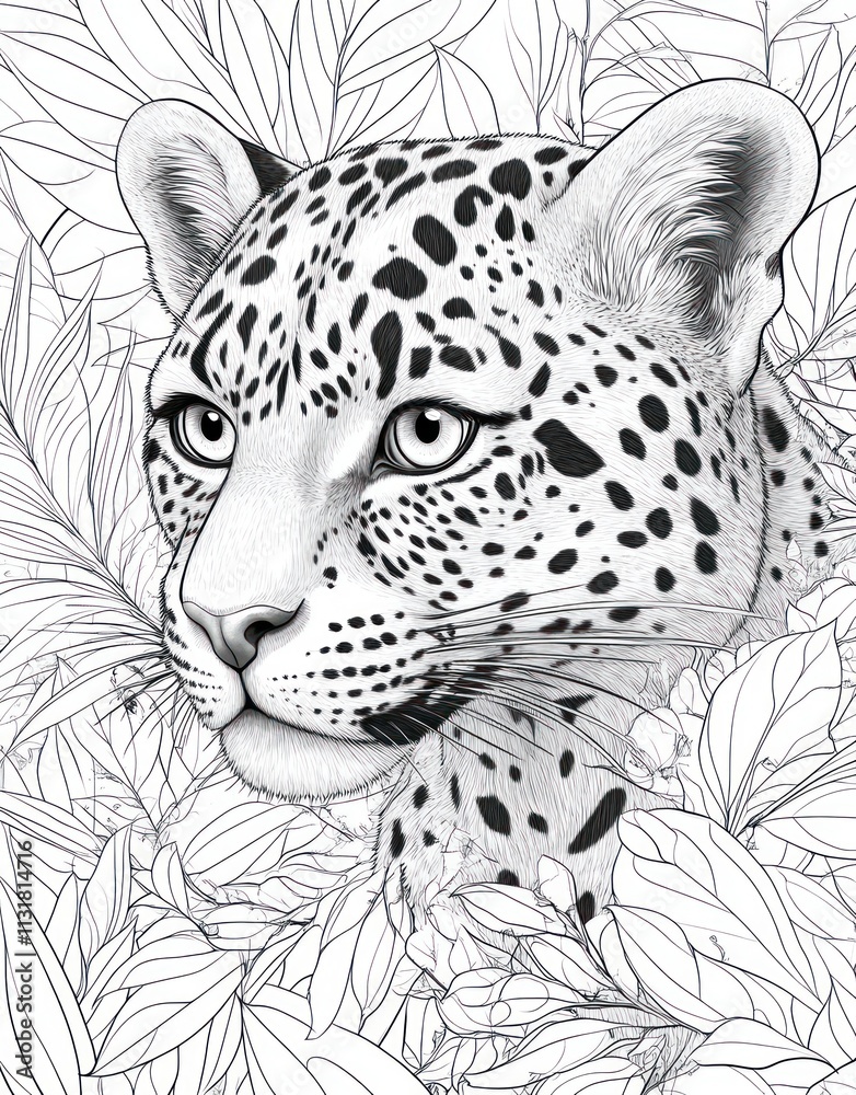 Obraz premium Close-up monochrome leopard portrait amidst foliage.
