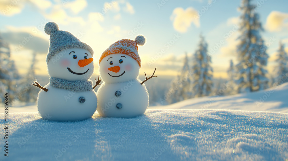 Obraz premium Two snowmen wearing felt hats standing in the snow