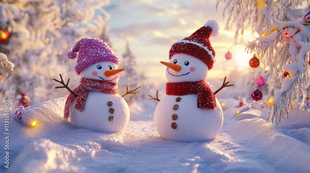 Obraz premium Two snowmen wearing felt hats standing in the snow