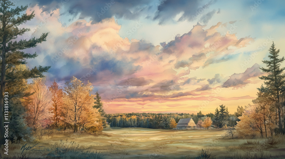 Fototapeta premium A watercolor wash of cotton candy hues, where pink and blue clouds mingle in a serene, sweet landscape.