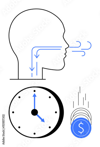 Head profile showing airflow with clock and falling coins. Ideal for time management, efficiency, productivity, financial management, economics, health, and breathing exercises. Line metaphor