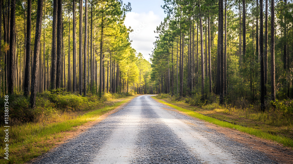 Fototapeta premium Gravel road in pine forest, rustic and rural charm