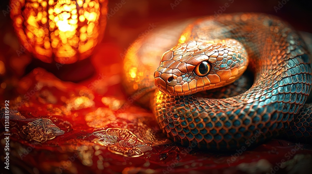 Fototapeta premium Coiled snake with shimmering scales and glowing light