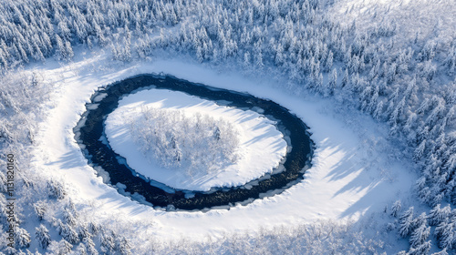 In winter, the road is covered with snow, and the trees on both sides are covered with frost. The road winds and stretches, the air is cold and fresh, the sky is gray and blue, and the scenery is quie photo