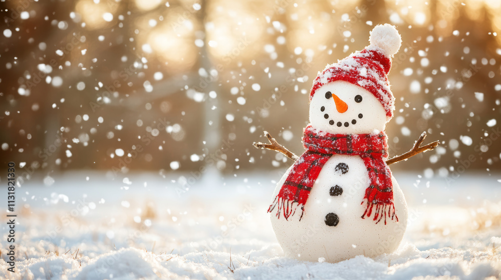 Fototapeta premium Snowman with red scarf in winter