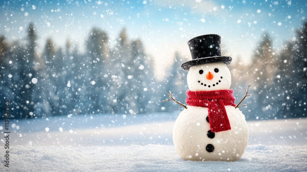Fototapeta premium Snowman with red scarf in winter