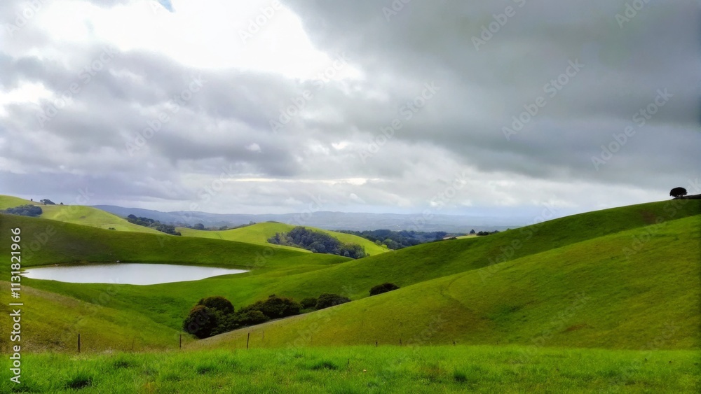 Fototapeta premium Rolling Green Hills and a Lone Reflective Pond Under a Moody Sky for Scenic Photography 