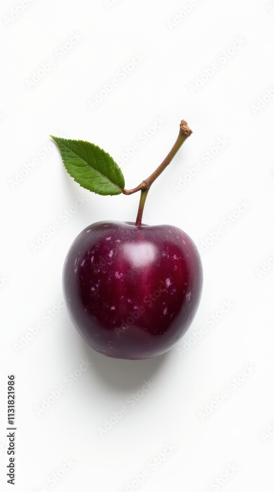Obraz premium Freshly Picked Plum Resting on a Clean White Background With a Green Leaf Attached. Generative AI