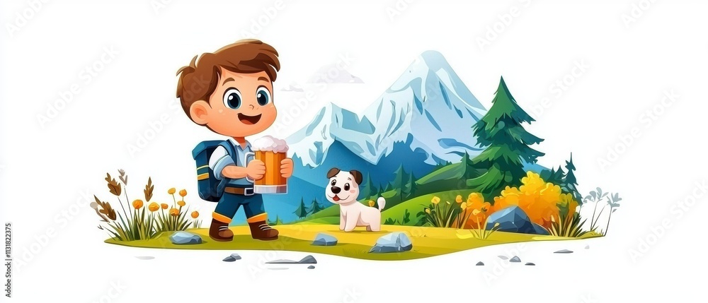 Fototapeta premium Happy Boy Hiking with Dog and Beer in Mountains