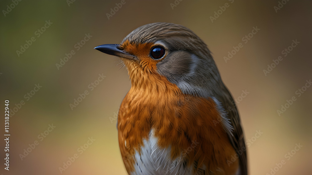 Fototapeta premium Close-up Portrait of a European Robin Bird with Vibrant Orange Breast and Dark Eyes