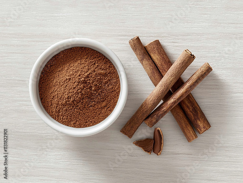 Fresh cinnamon powder and sticks displayed as a natural spice and seasoning widely appreciated for its aromatic and flavorful qualities in both culinary and wellness practices photo