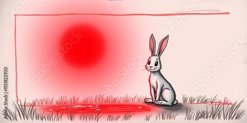 Illustration of rabbit with glowing red eyes sitting in center of frame, center, drawing, glowing photo