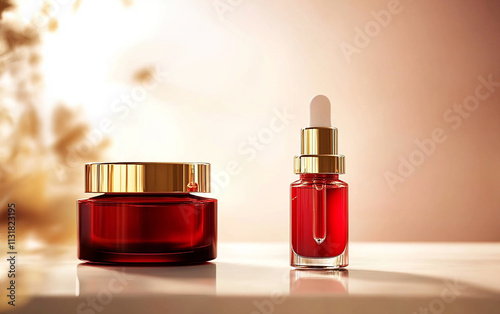 A closeup of a luxury cosmetic set with a facial serum and a skincare jar in beautiful red and gold packaging emphasizing the premium quality and elegance of these essential beauty products for radian