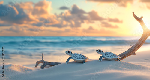 beach scene with two baby turtles crawling on the sand