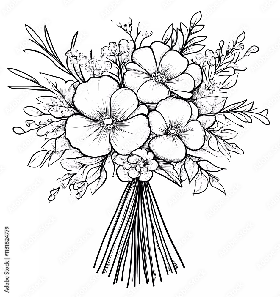 Coloring page with black and white line art, thick vector lines in a cartoon style. A wedding bouquet of flowers with a candle, isolated on a pure, solid, clean background.