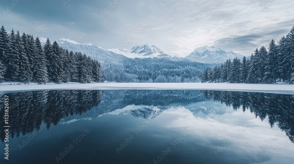 Fototapeta premium Reflection of snowy mountains on lake in winter