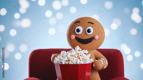 gingerbread man with a bucket of popcorn in an armchair
