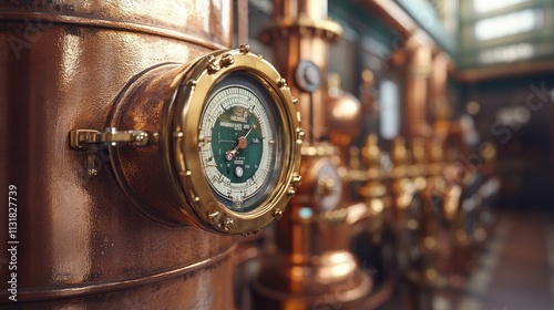 Close-up of vintage copper distillery gauge.