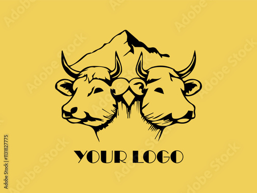 Two black bulls face each other on yellow background. Perfect for farm animal concept, agricultural marketing materials, or ranching industry designs