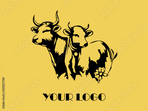 Two black bulls face each other on yellow background. Perfect for farm animal concept, agricultural marketing materials, or ranching industry designs