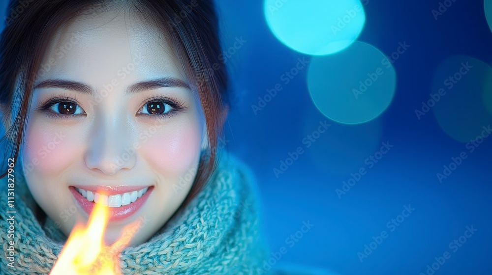 Obraz premium Beautiful Woman Winter Fashion Cozy Knit Scarf Warm Fire Breath Cold Night Bokeh Light
