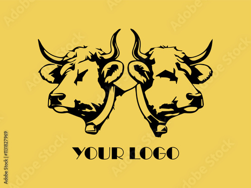 Two black bulls face each other on yellow background. Perfect for farm animal concept, agricultural marketing materials, or ranching industry designs