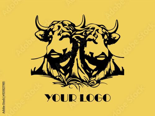 Two black bulls face each other on yellow background. Perfect for farm animal concept, agricultural marketing materials, or ranching industry designs