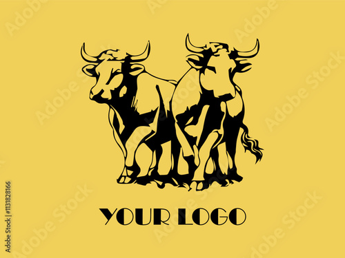 Two black bulls face each other on yellow background. Perfect for farm animal concept, agricultural marketing materials, or ranching industry designs
