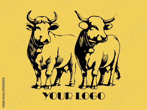 Two black bulls face each other on yellow background. Perfect for farm animal concept, agricultural marketing materials, or ranching industry designs