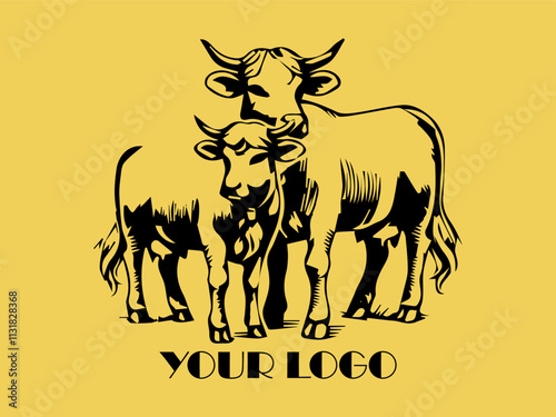 Two black bulls face each other on yellow background. Perfect for farm animal concept, agricultural marketing materials, or ranching industry designs