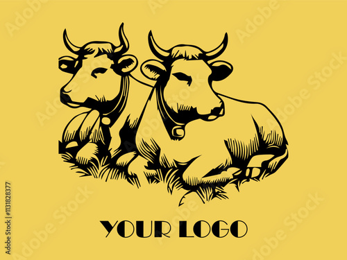 Two black bulls face each other on yellow background. Perfect for farm animal concept, agricultural marketing materials, or ranching industry designs