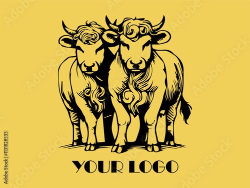 Two black bulls face each other on yellow background. Perfect for farm animal concept, agricultural marketing materials, or ranching industry designs