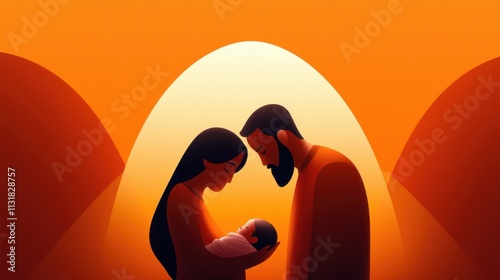 A warm illustration of a couple gazing lovingly at their newborn, set against a vibrant orange background symbolizing warmth and family.