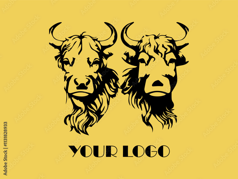 Fototapeta premium Two black bulls face each other on yellow background. Perfect for farm animal concept, agricultural marketing materials, or ranching industry designs