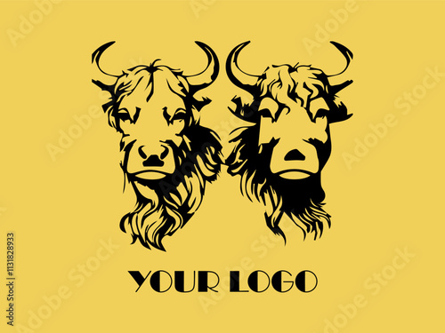 Two black bulls face each other on yellow background. Perfect for farm animal concept, agricultural marketing materials, or ranching industry designs