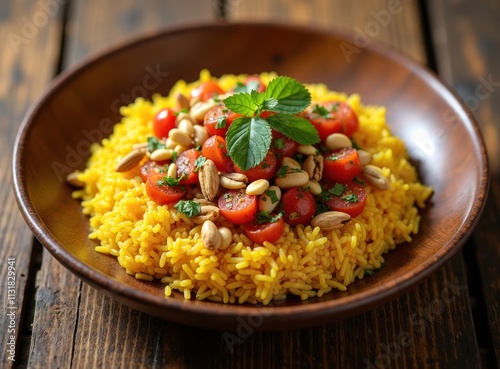 Indian poha breakfast dish with yellow rice, colorful toppings. Tasty food served on brown plate. Fresh tomatoes add vibrant color to dish. Nuts, herbs complete meal. Healthy, flavorful. Breakfast photo