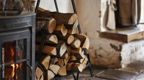 Logs of wood are stacked in a woodshed next to a traditional fireplace. photo