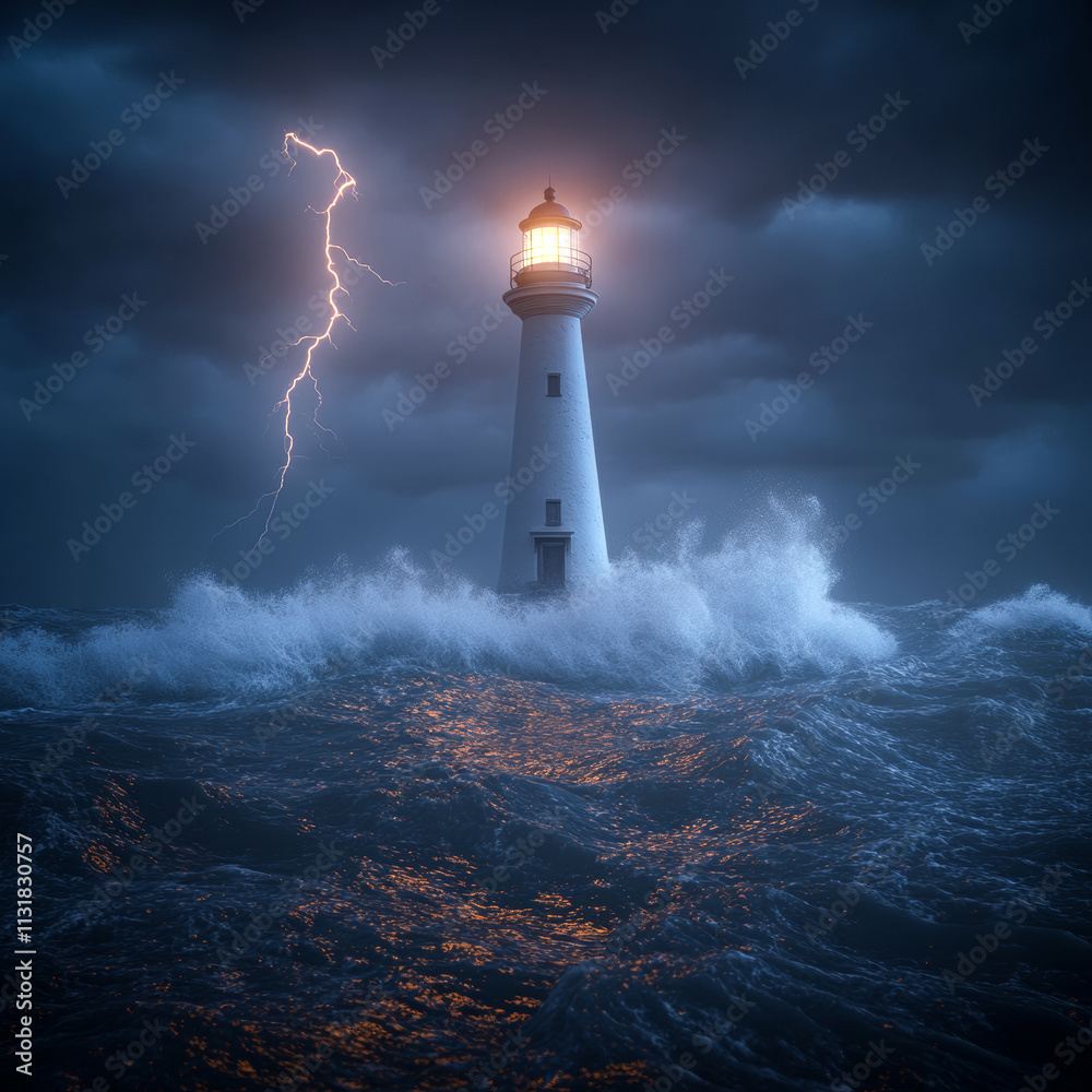 Fototapeta premium Dramatic Lighthouse Scene with Crashing Waves and Lightning Storm