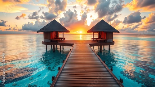 A tranquil wooden pier leading to an overwater spa at a Maldives resort, surrounded by glowing turquoise waters, coral reefs, and cinematic sunrise reflections painting the ocean in warm tones. photo