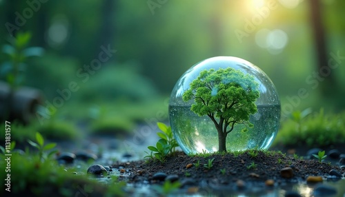 Eco friendly sphere protects small tree. Nature conservation concept. Sustainable operations. Green business practices highlight corporate social responsibility. Image embodies eco tech. Sustainable photo