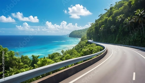 Empty highway, dense tropical forest on one side of the road and sea coast on the other, blue water, clear sunny day, bright rays, incredible nature
By shooreeq