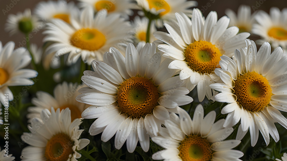 Fototapeta premium Close Up Photography of a Bouquet of White Daisies with Yellow Centers, Delicate Petals and Fresh Dew Drops