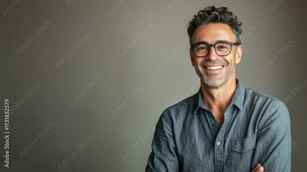 Obraz premium Studio shot of a casual man in everyday attire smiling against a neutral background