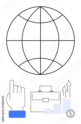 Globe with continents, briefcase, hand with raised finger, bar charts, and dollar coin. Ideal for global business, economy, finance trade investment growth corporate strategy. Line metaphor