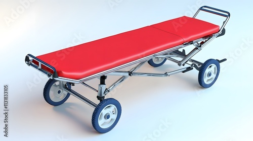 Red stretcher on wheels for medical transport.