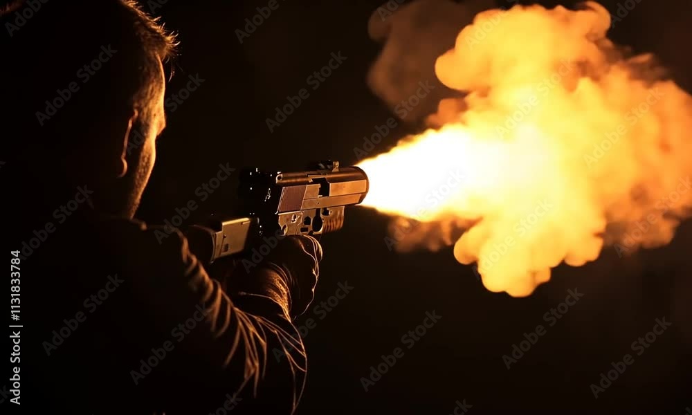 Man firing a handgun with a massive fiery muzzle flash at night